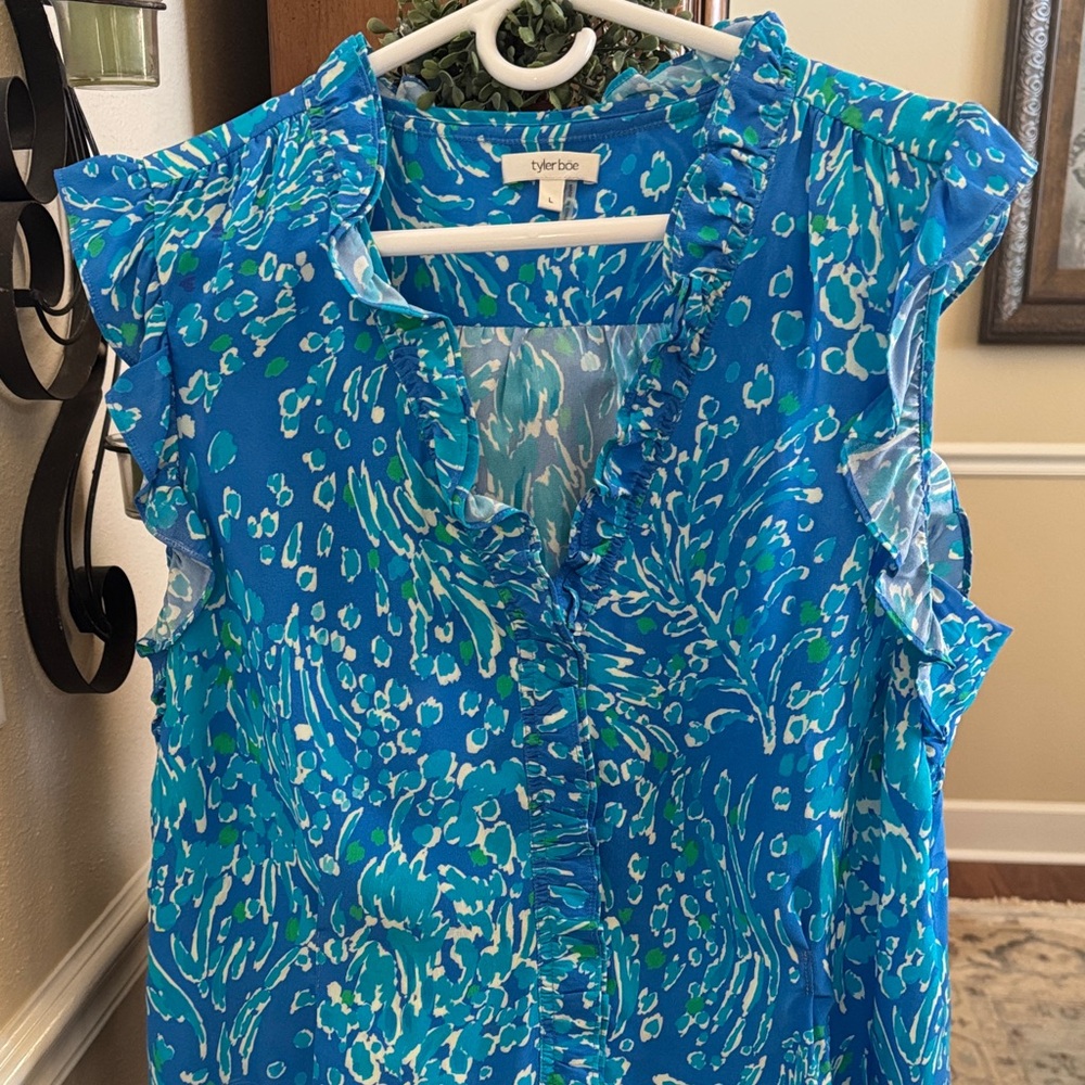 Tyler Boe Blue and Green Ruffled Blouse